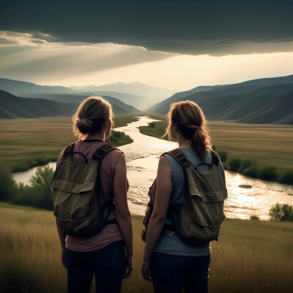 Subject: two woman looking out at the Montana landscape with a river in front of them. Put them in fishing attire. Remove jackets and have them wearing tank tops


Setting: Montana plains, big sky, vast expanse of land 

Style: dreamy, romantic, moody, atmospheric cinematic lighting, hyper realistic, in the style of Christopher Doyle

