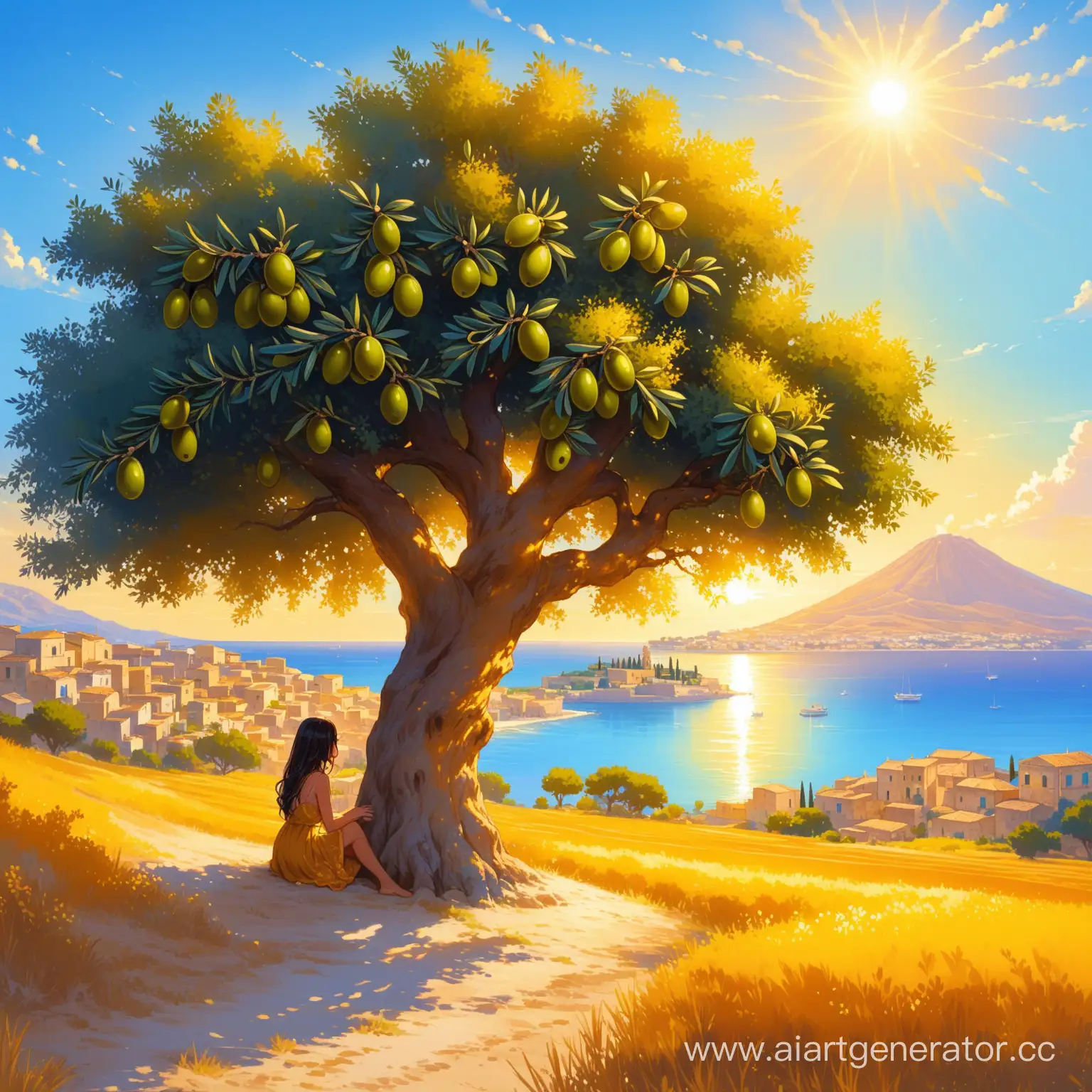 живописный остров Сицилия, где ласковое солнце окрашивает землю в золотые оттенки стоит оливковое дерево под которым сидит красивая черноволосая девушка