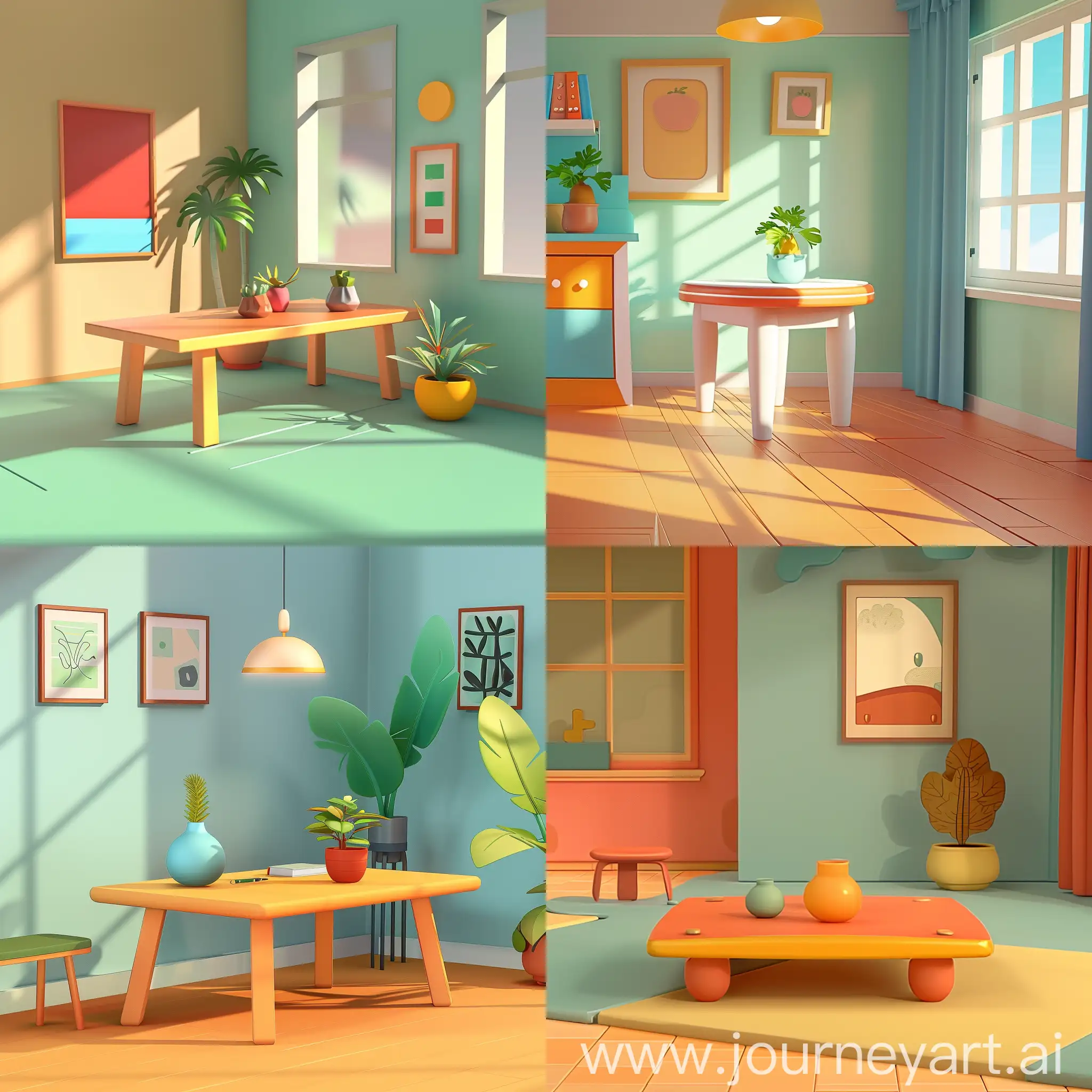 Create a 3D cartoon image of a room with a table
