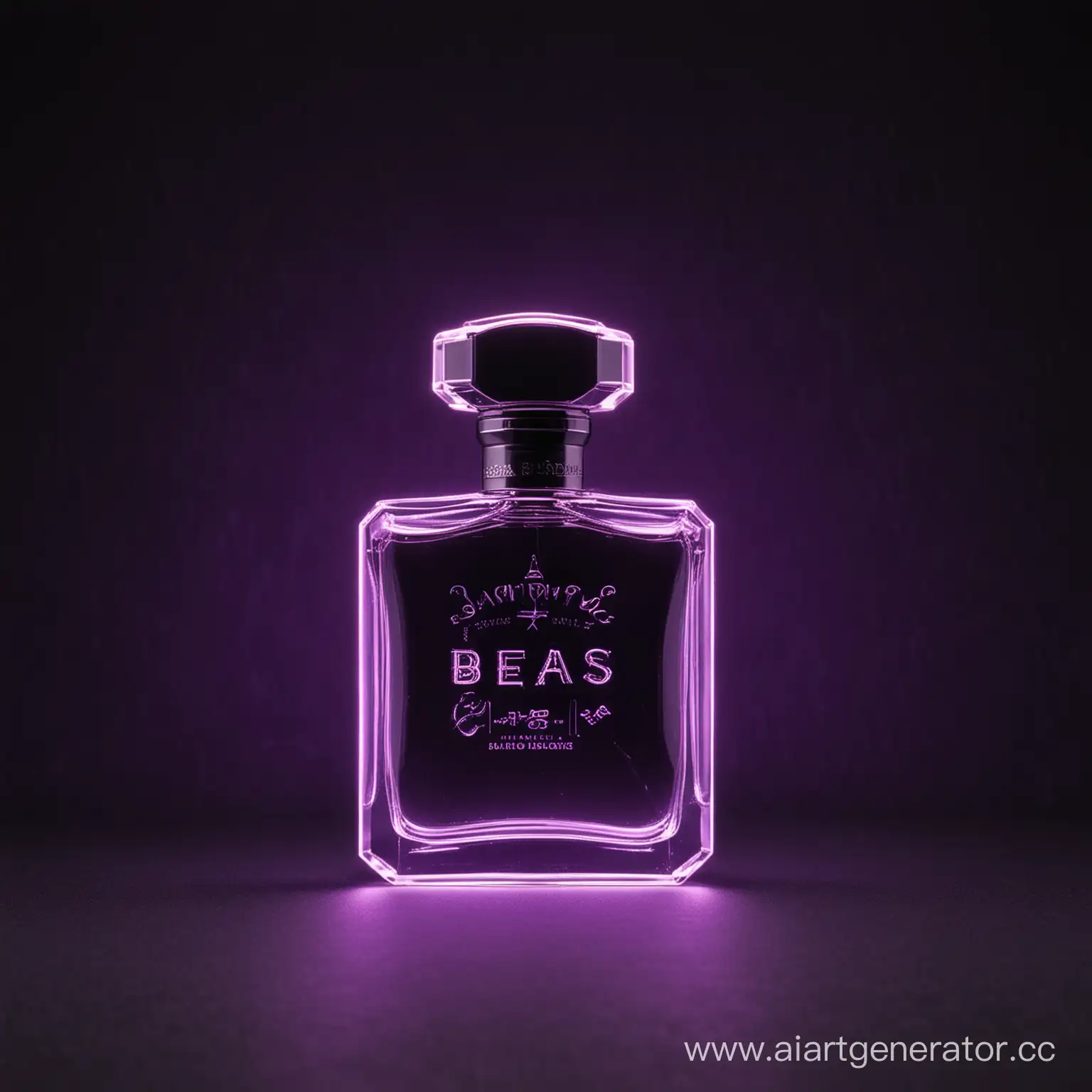 Логотип магазина парфюма, марка парфюма Beas, на черном фоне, c фиолетовым неонным свечением