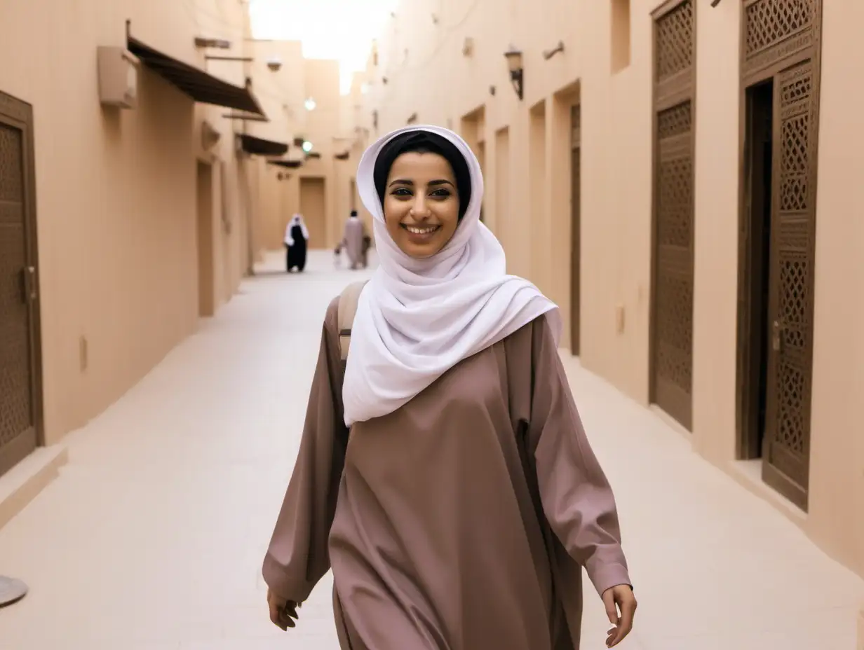A saudi female walking in the Dariya old quartier of riyadh and similing to the camera, soft colors 