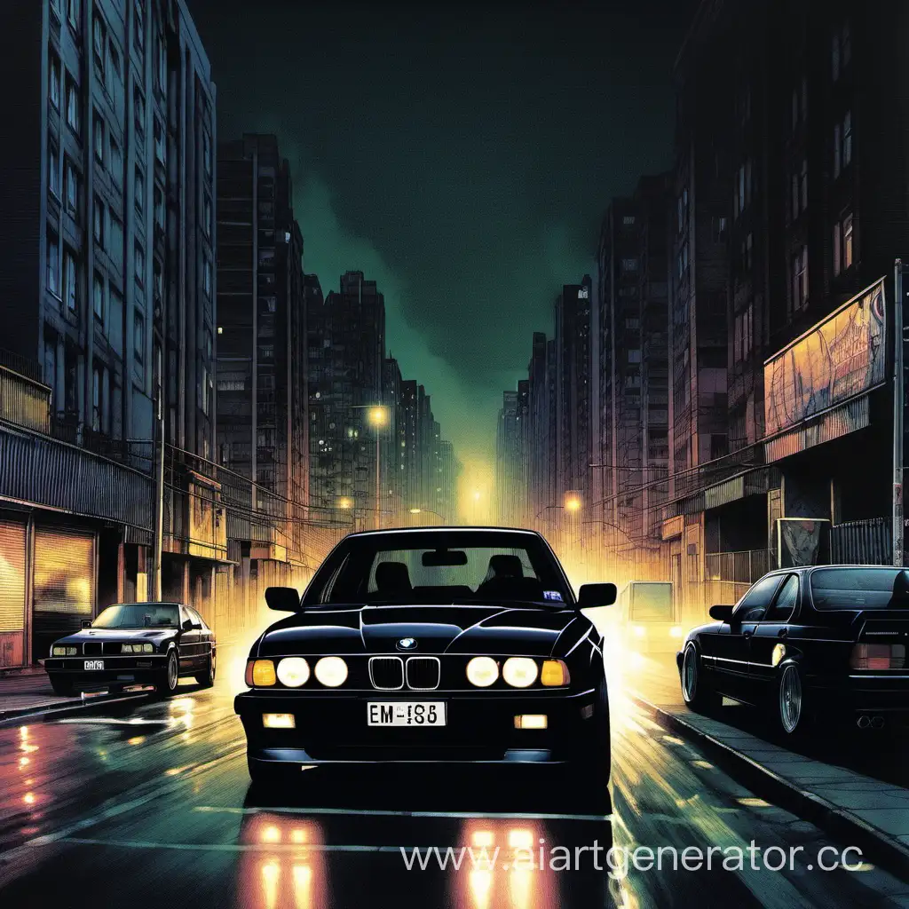 BMW E34 в чером цвете проезжает тёмный город 90-х годов 