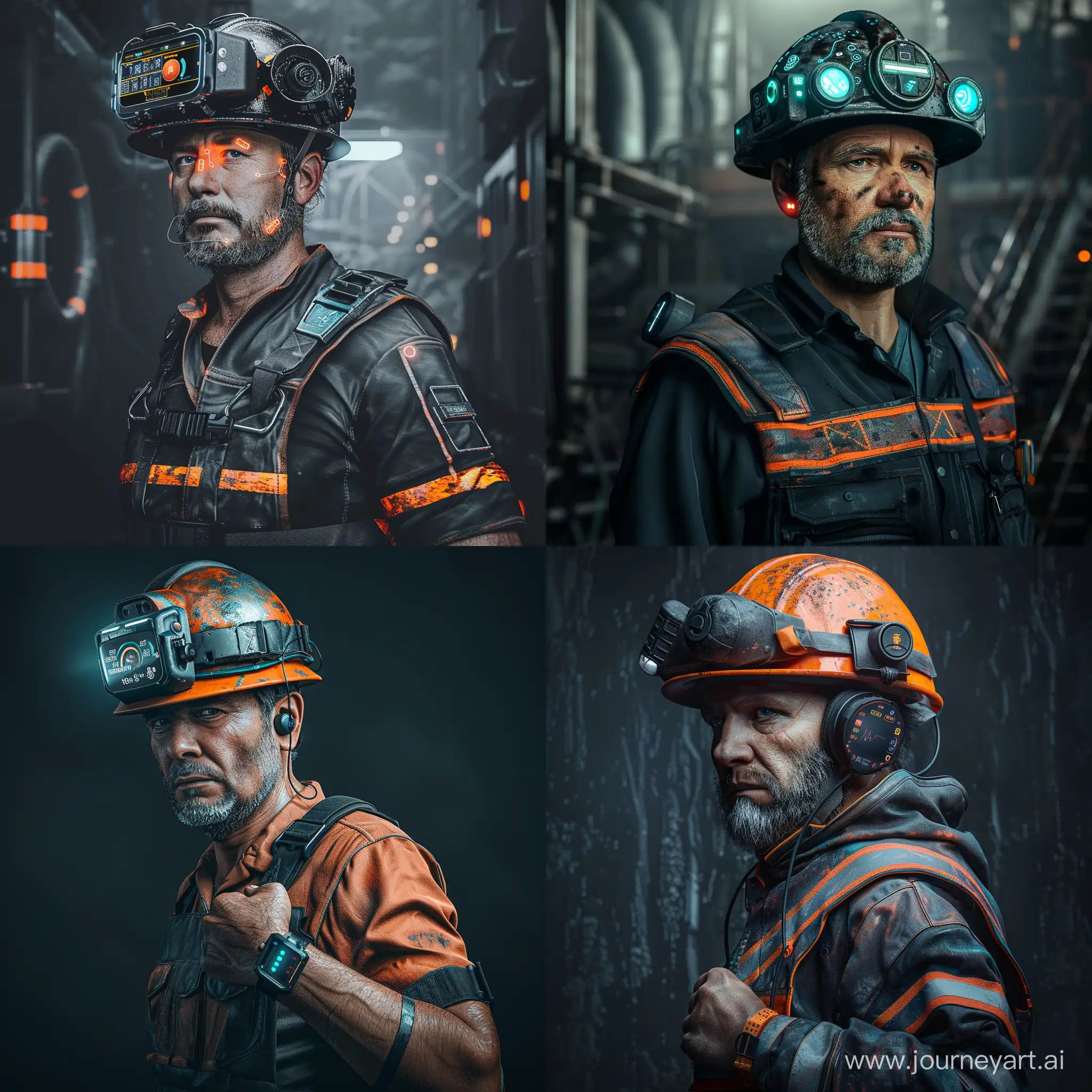 realistic badass miner with miners' Safety clothing is wearing a smart hardhat with sensors. He is also wearing a smart wristband that can track his location and heart rate, oxymetr or becomes unresponsive. dark mod in mine