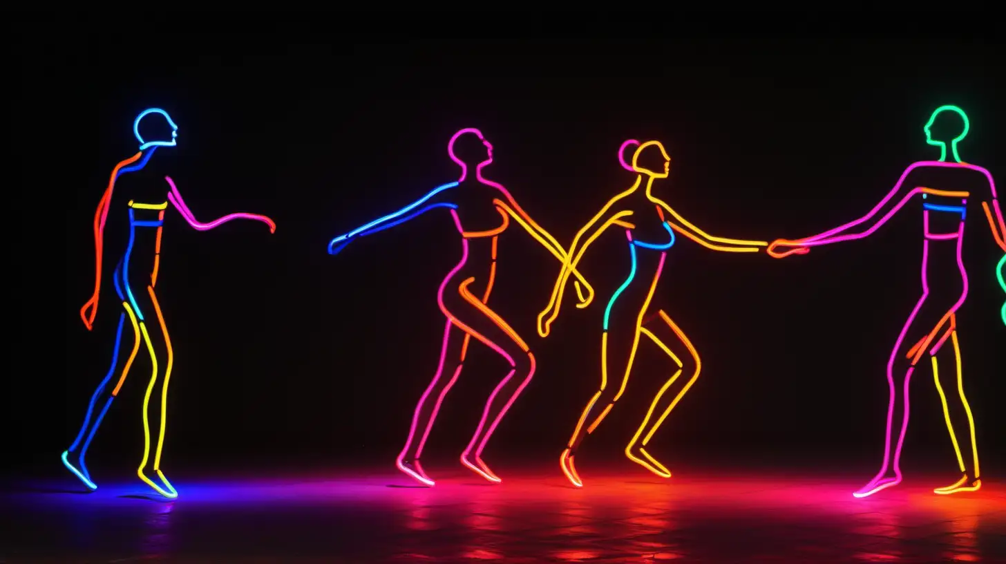 4 people made of colorful neon stick dancing