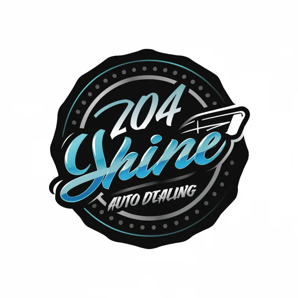 a logo design,with the text "204Shine Auto Detailing", main symbol:This is a logo for a business called "204 Shine Auto Detailing". The logo is a black circle with a blue ring around it. Inside the circle is a light blue script that says "204 Shine" with a black shadow. The words "Auto Detailing" are in a smaller font below the word "Shine." There is a black wrench, a black brush, and a black spray bottle coming out of the right side of the circle.,Moderate,be used in Automotive industry,clear background