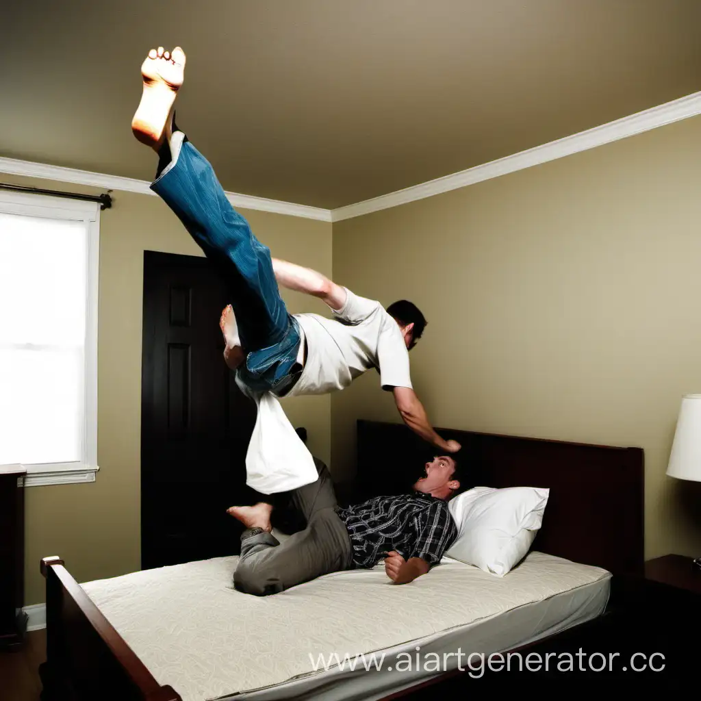 Man-Sitting-on-Bed-Above-Another-Man-Kicking-from-Below