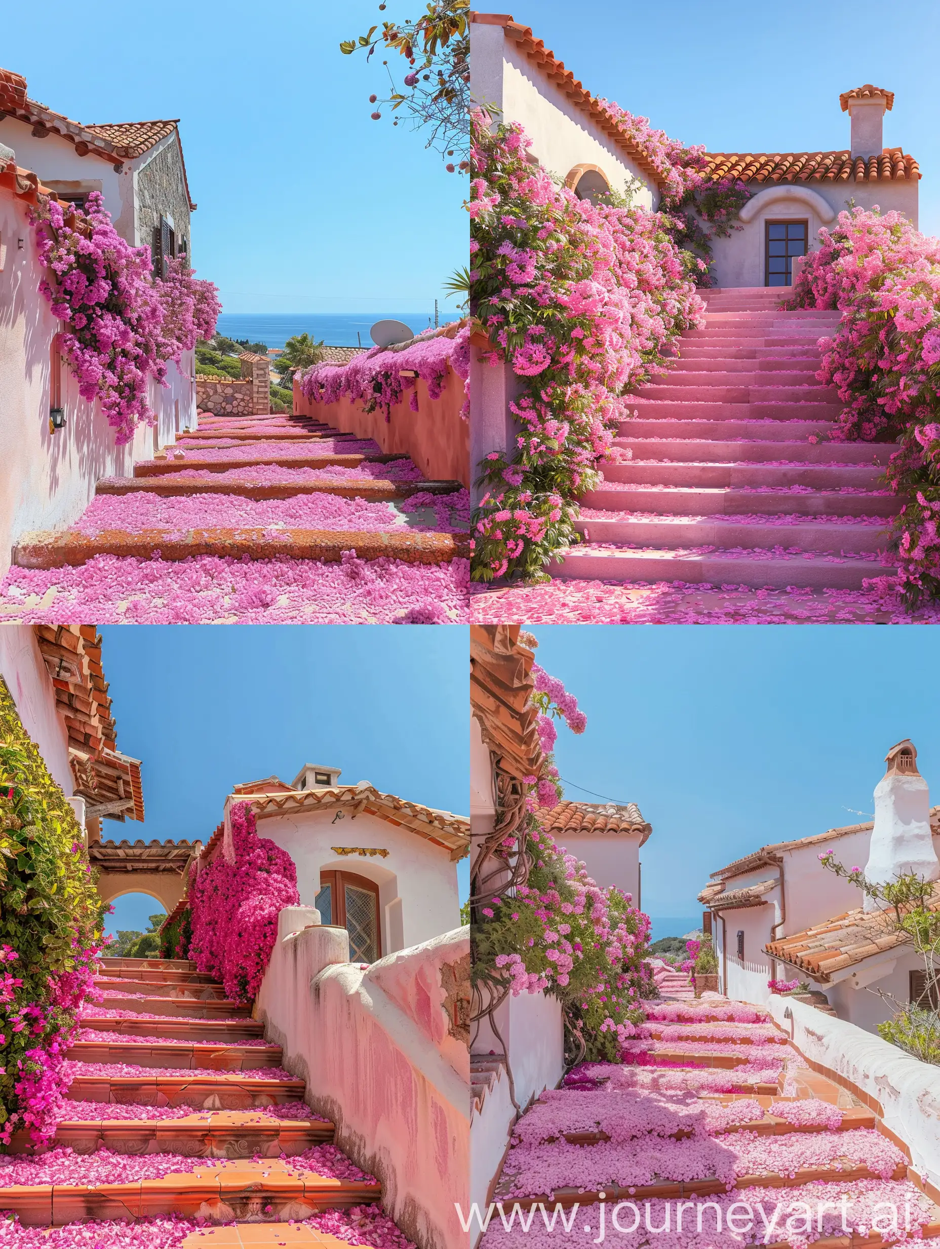 A pink flower-covered staircase leading to a classic Mediterranean style house with terracotta roof tiles, under a clear blue sky.