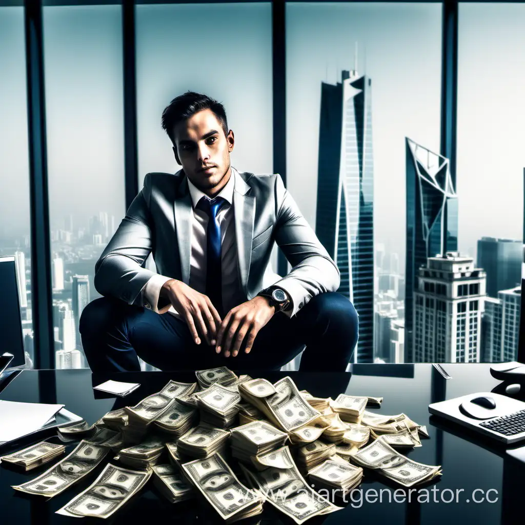 Successful-Businessman-Surrounded-by-Wealth-in-Skyscraper-Office