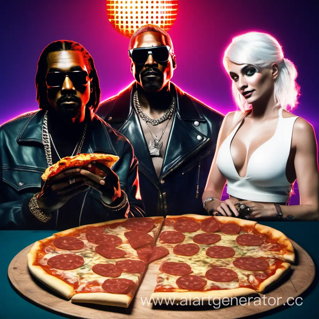 kanye wеst, snoop dogg and Ciri from the witcher 3 have pizza party under the disco ball