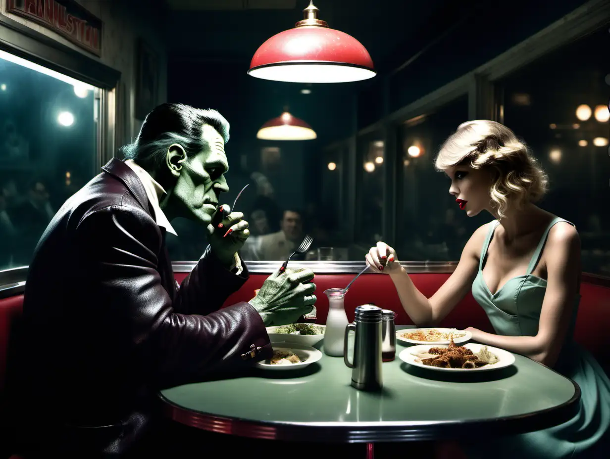 Frankenstein having dinner with Taylor Swift in a downtown diner in style of realism by frank frazetta and annie leibovitz, emotive and moody and muted, dark background