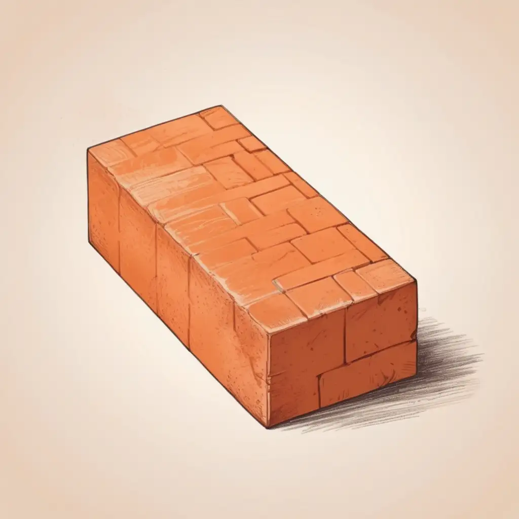 One single rectangular orange brick, realistic texture, drawing style, vintage look, profile view 