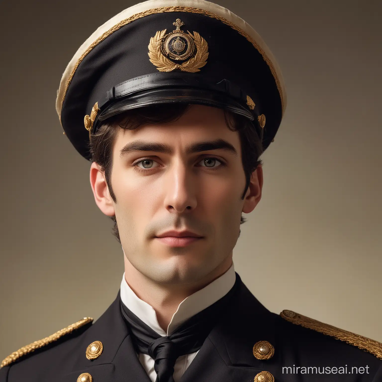 a tall and lanky man, he wears a ship captain hat, he has an androgynous face, he has an earring on his left ear, he has prominent sideburns, wears an early 20th century captain attire, very seductive and mysterious character