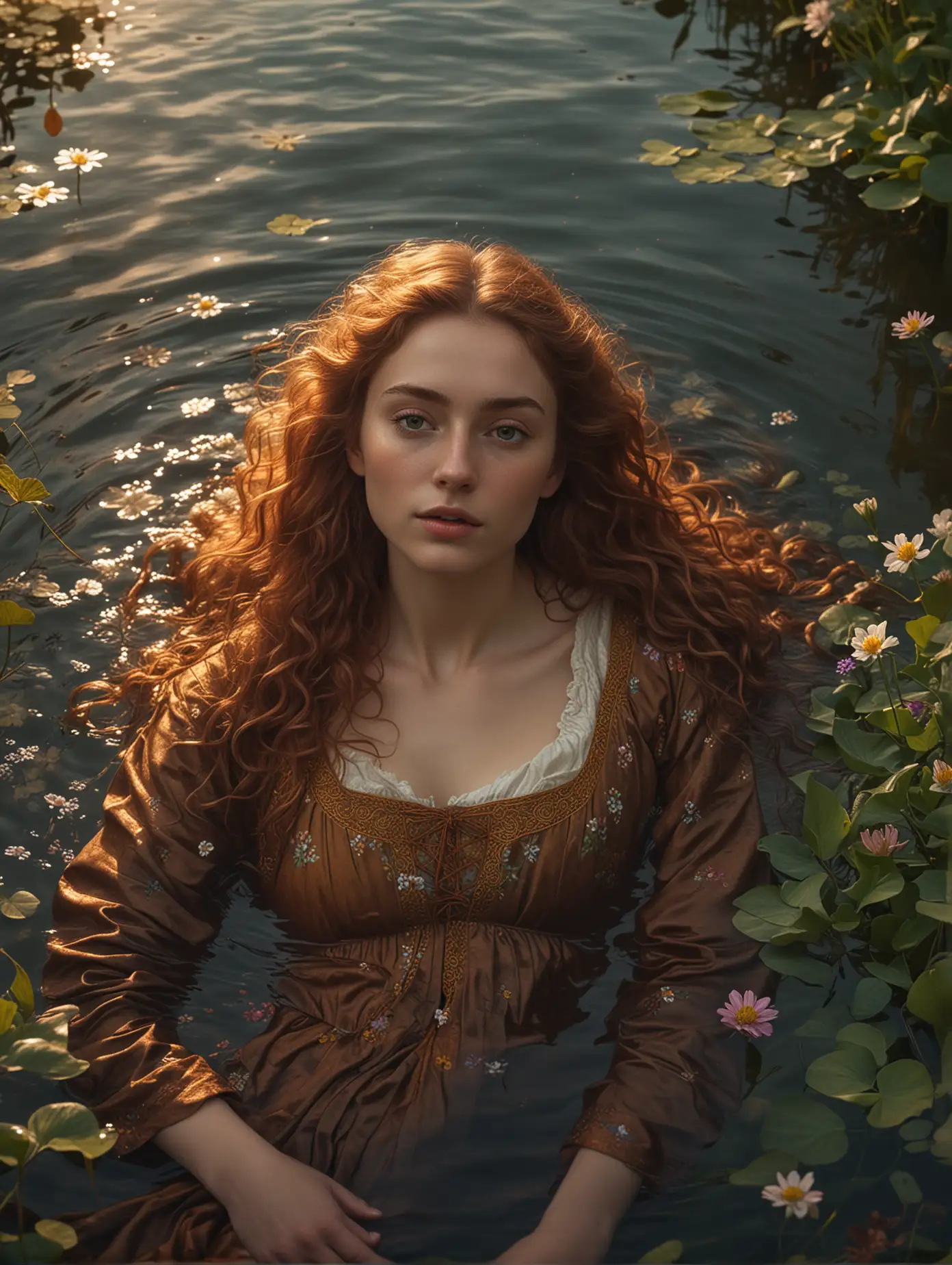 close up portrait from above, photo by Sir John Everett Millais, Ophelia, exquisite chiaroscuro lighting and composition, 8k, very detailed, high resolution, woman with long auburn curly hair, brown robe, floating on her back in a lake, hair in the water, surrounded by floating flowers, sunset, illustration, artstation, concept art, smooth, sharp focus, award winning work, PA7_Portrait-MCU