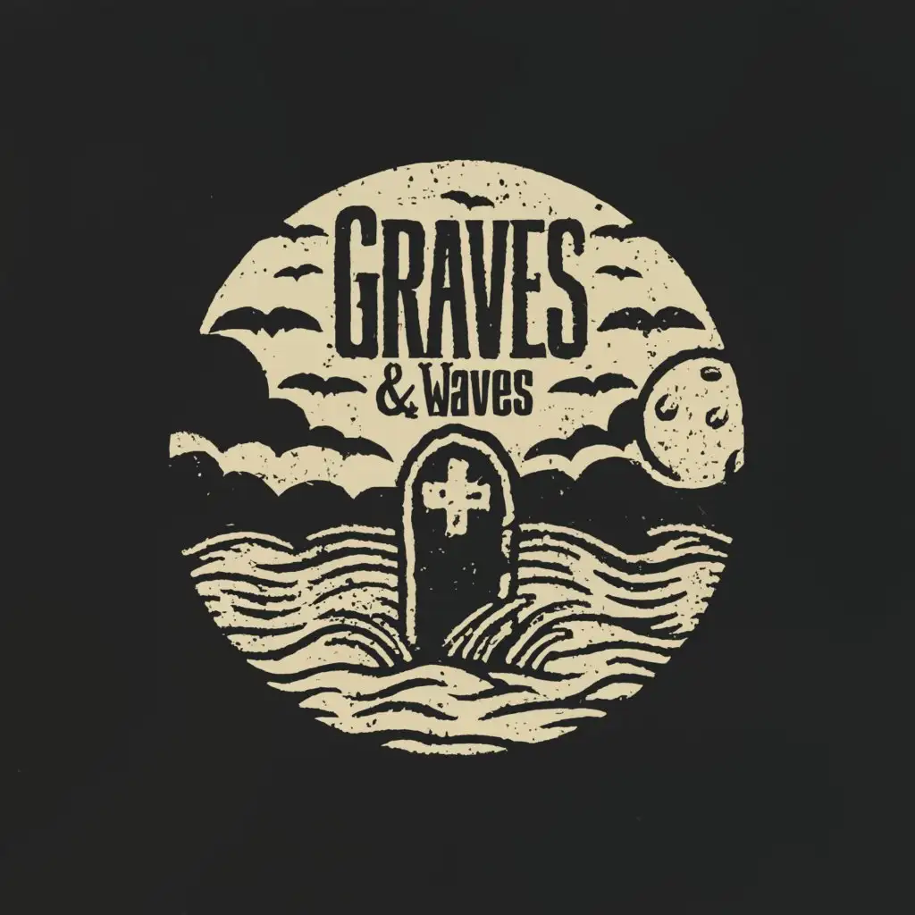 a logo design,with the text "Graves & Waves", main symbol:beach, gothic, horror, graveyard,Minimalistic,clear background