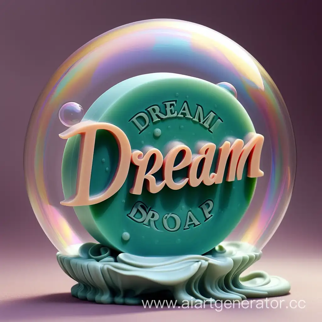 лого "dream soap", четкая надпись в пузыре, на фоне мыло
