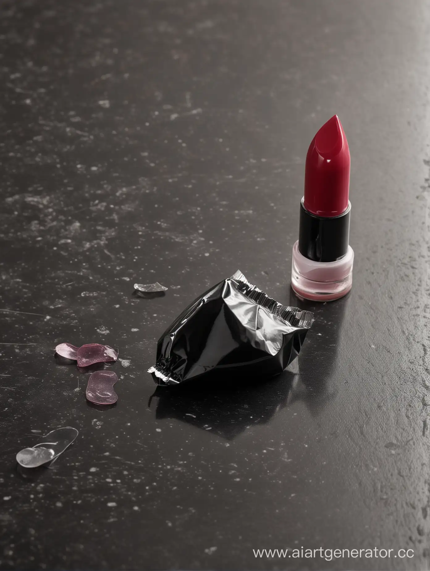 CloseUp-Side-View-of-Lying-Used-Condom-on-Black-Polished-Countertop-with-Lipstick