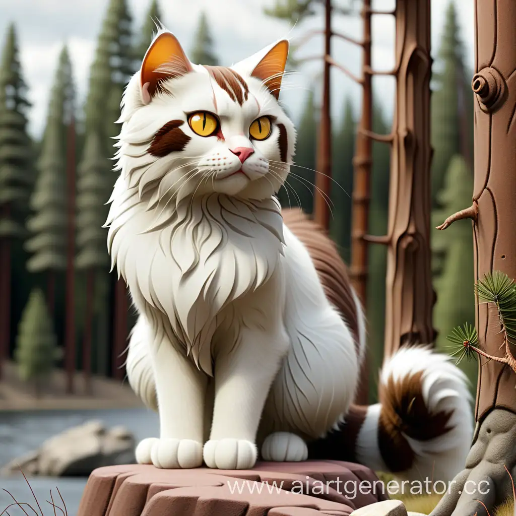 Кот, белый с янтарными глазами бурым левым ухом, бурым полосатым хвостом, высокий, огромный и толстый. На фоне хвойного леса и реки. Пушистый и высокий