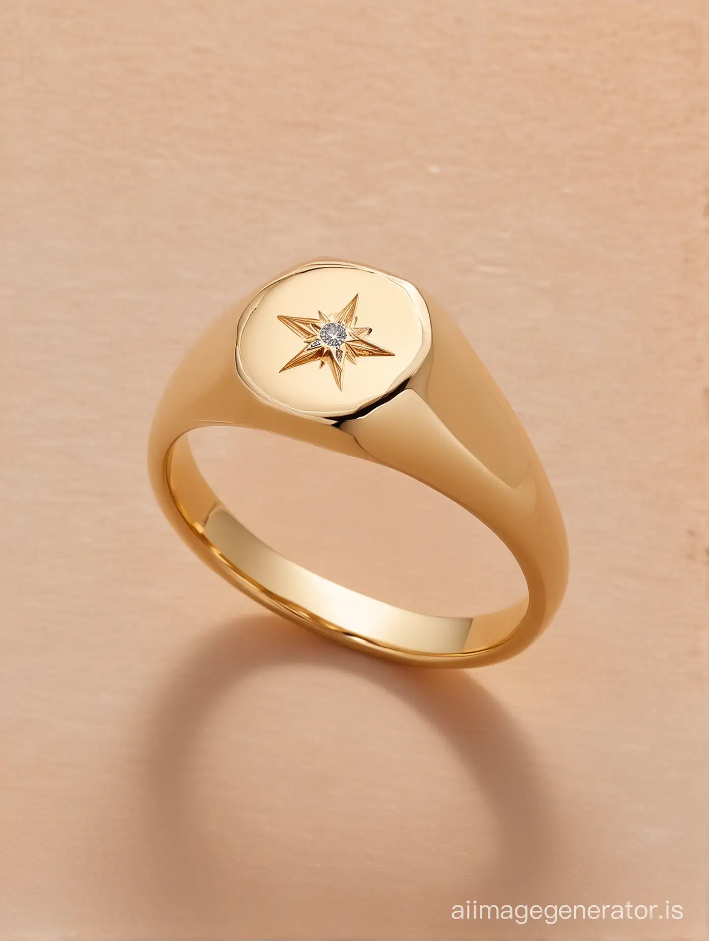 A classic polished signet ring with a domed surface. The top of the ring is all metal gold with only at the very middle center of the top of the ring rests small diamond set within a small star engraved in the metal.
The background is a pastel beige shade, reminiscent of golden hour sky sunset.