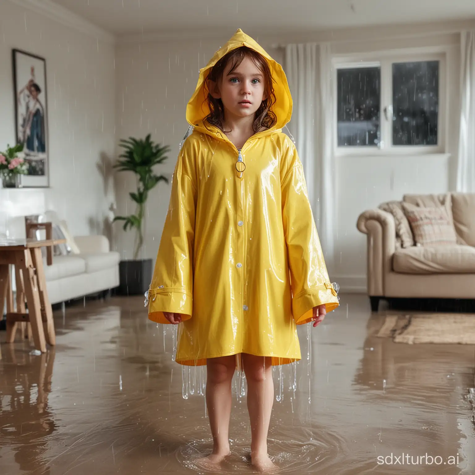 an elf princess in a raincoat in the living room, soaking wet