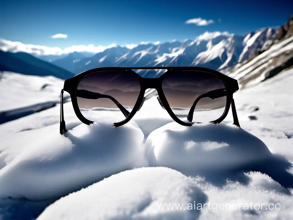 sunglasses, snow everywhere, rocks, on the background of the Alpine mountains