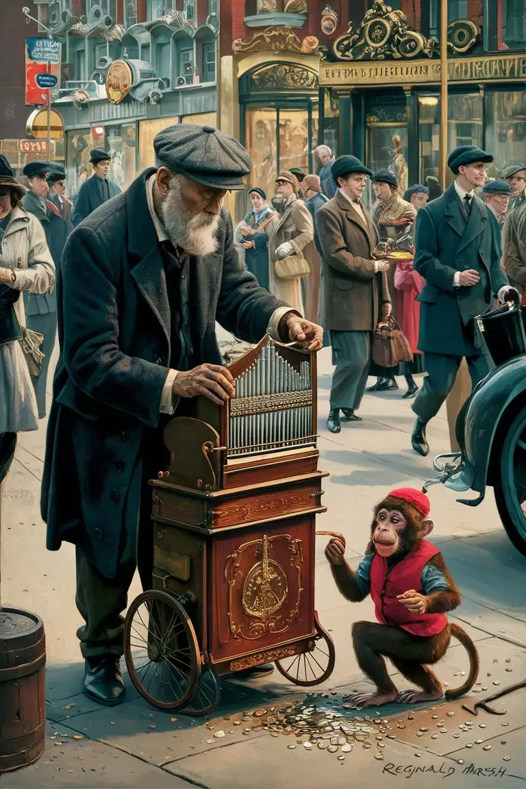 Imagine a bustling New York City street scene, depicted in the energetic and detailed style of Reginald Marsh, known for his vivid portrayal of urban life in the early 20th century. In the foreground, an elderly organ grinder, clad in a worn, dark coat and a flat cap, cranks his richly decorated, vintage organ. Perched playfully on his shoulder is a small, lively monkey, dressed in a bright red vest and a tiny matching cap, reaching out to collect coins from passersby. The background buzzes with the energy of the city—crowds of diverse people in period attire, tall buildings with ornate facades, and vintage cars lining the street. The scene captures a moment of whimsical interaction amidst the hustle and bustle of city life, rendered in Marsh's signature expressive lines and dynamic composition.