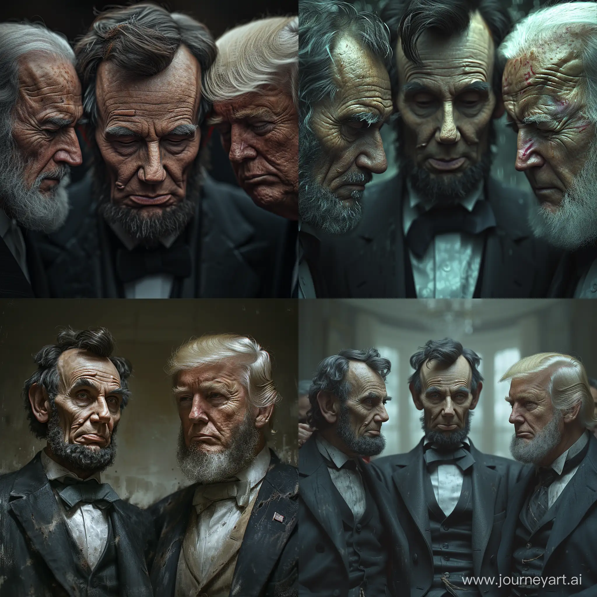 A epic realistic  Abraham Lincoln angrily rebukes both Joe Biden and Donald Trump while they are ashamed and lowering their heads. with blur in the background, accuracy, focus, and very details skin, --stylize 750 --v 6
