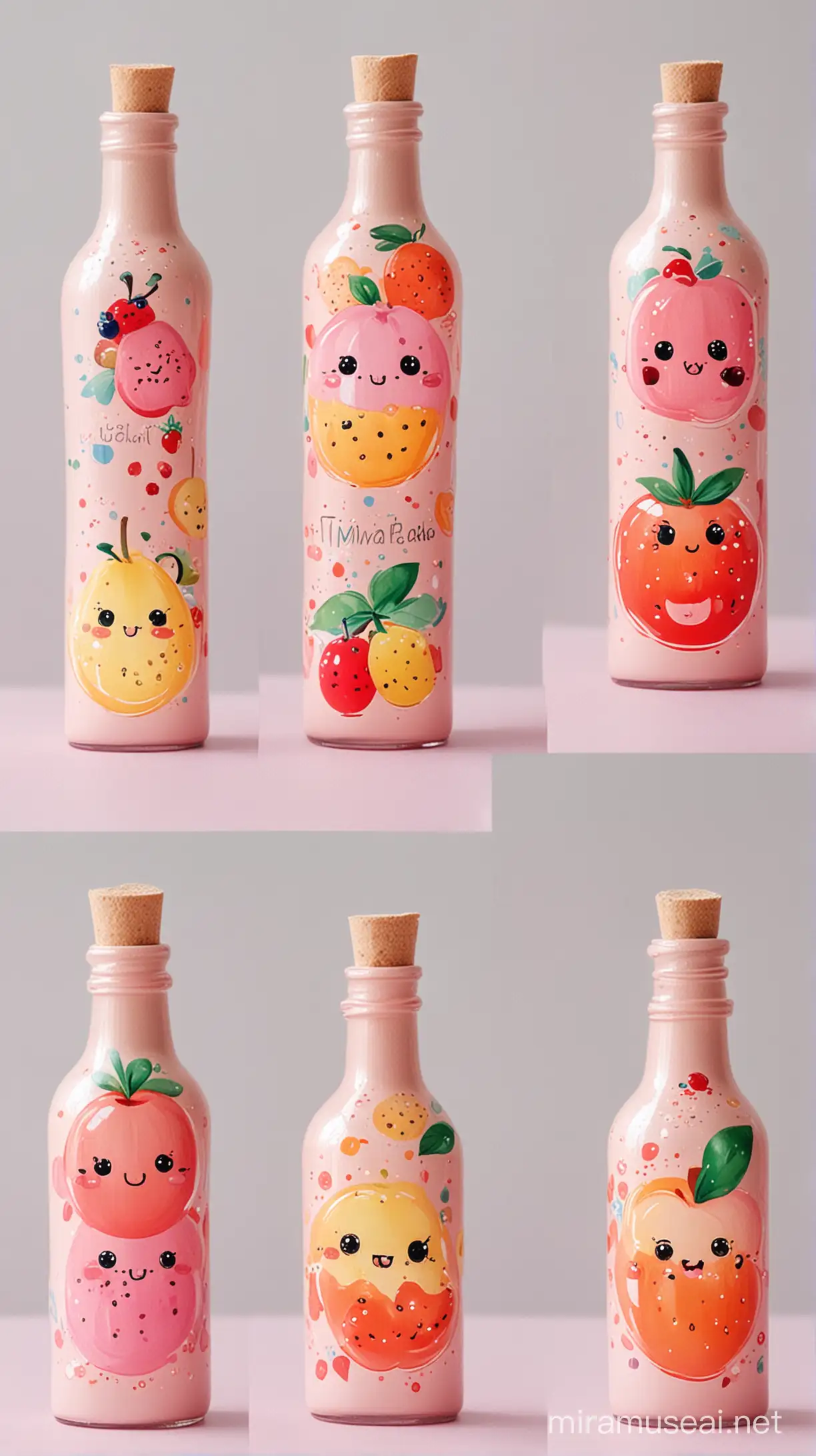 Colorful Painted Bottles Adorned with Cute Kawaii Fruits