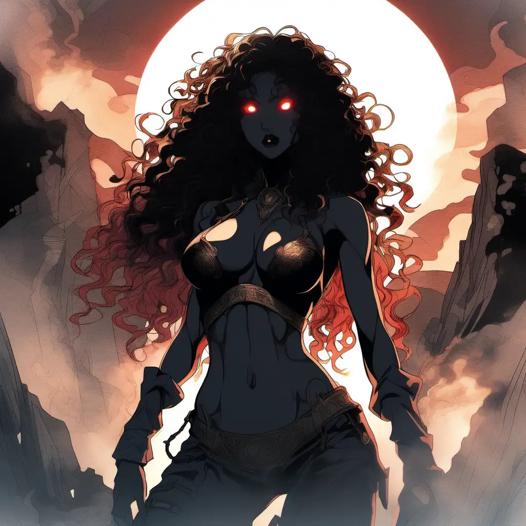 Anime Silhouette, battlefield, fire and brimestone, burning hills, aura, beautiful body, (mature, whole body, ethereal long black wild curly hair, brown skin, black lip, red eyes, full hips/thighs, and bewitching chest with huge breasts), extremely detailed, ultra-sharp focus, depth of field, perfect meshes and textures, highly accurate reflections, volumetric fog, volumetric lighting, face drawn by the masterful artist Paul Gauguin, thin and soft lines --ar 2:3 --niji 5 