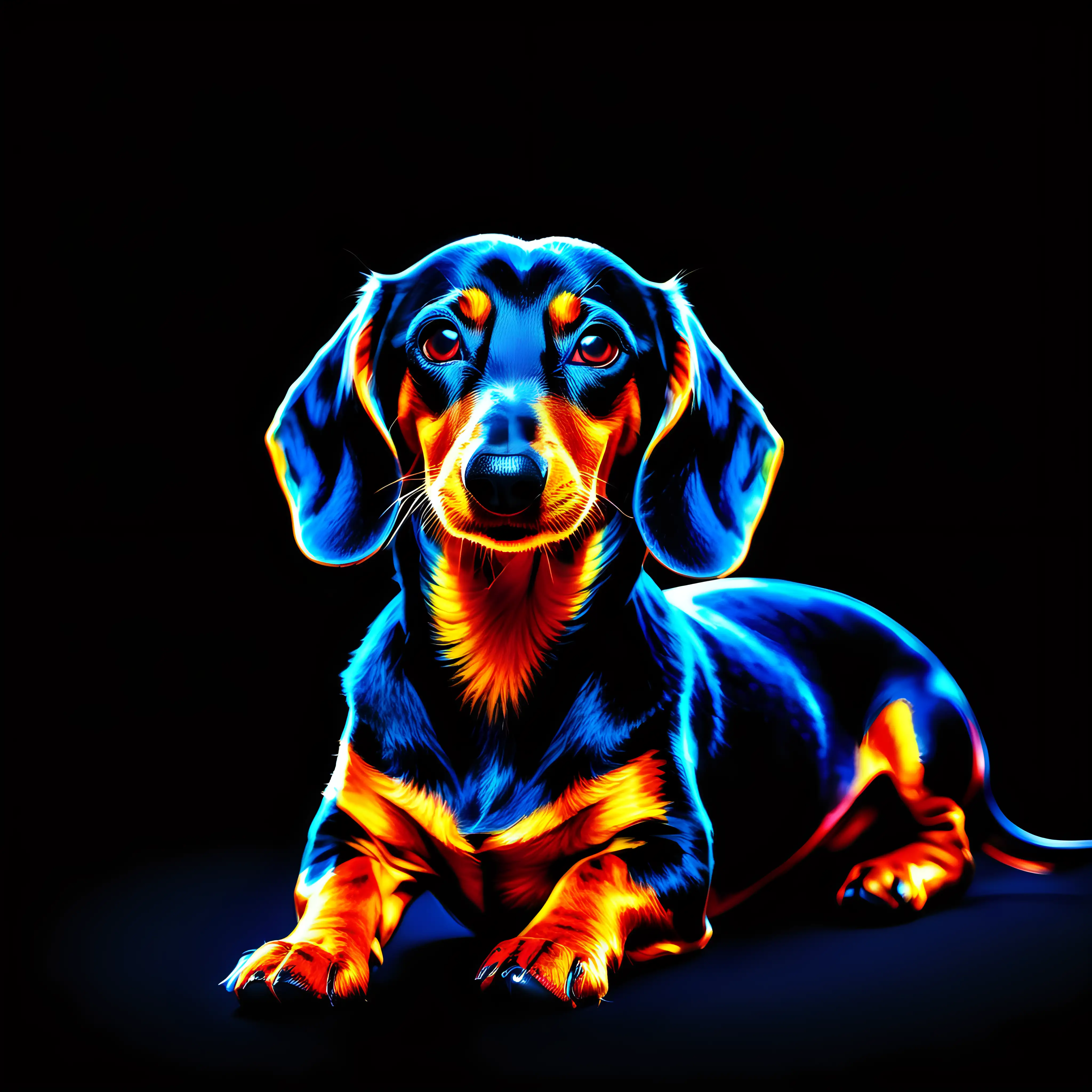 abstract art colorful neon 4k daschund, plain black background, lying down, side view, happy look on its face