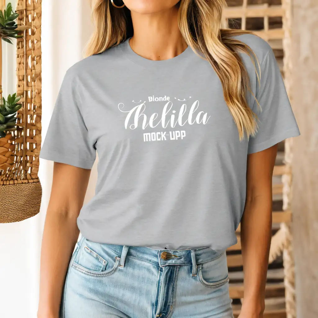 blonde woman wearing athletic heather bella canvas 3001 t-shirt mockup, boho home background