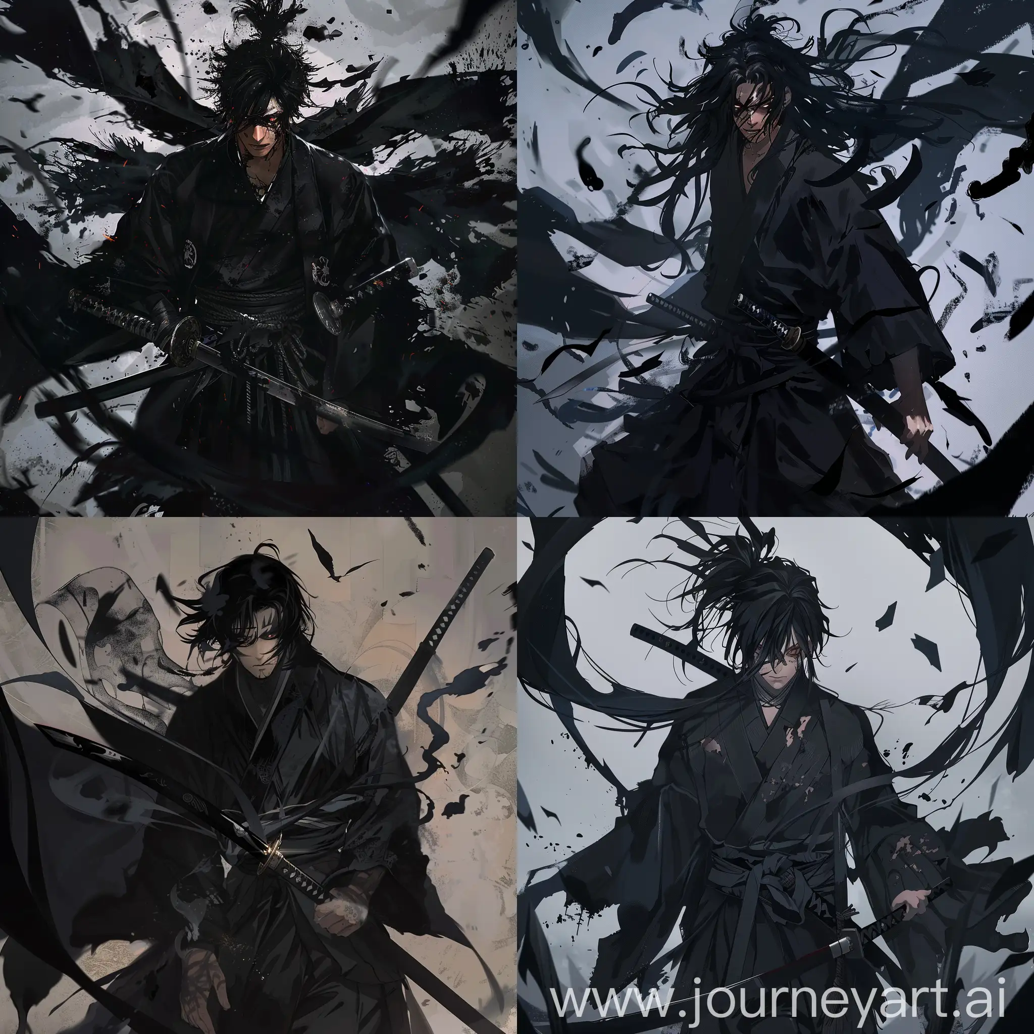 Black haired male, full body, black kimono, black katana, vagabond manga style, surrounded by shadows, anger and sadness, oni mask, shadows leaking from he blade, death stare, oni, vengeance