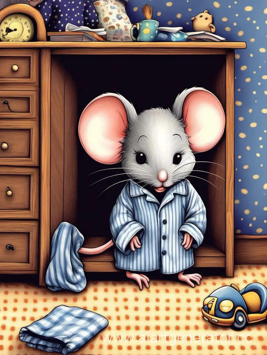 Little mouse is tired in his room in pyjamas