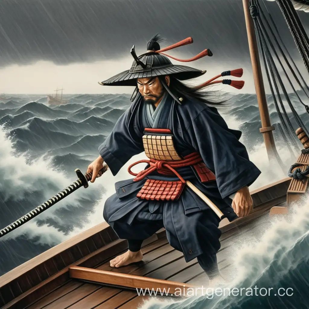 Самурай на корабле в море в шторм