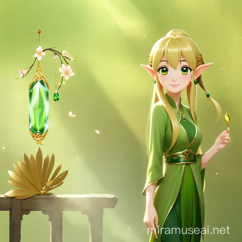 金色长发的精灵，马尾辫，额头戴绿宝石，绿色低胸裙，中式可爱的面容