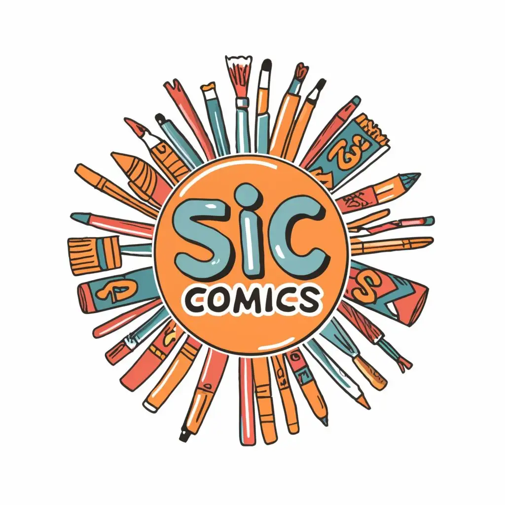 a logo design,with the text "SIC COMICS  ", main symbol:Design a hip (((logo))), perfect for a vibrant and whimsically illustrated comic book company called SIC Comics, created by the young African American illustrator Sir Isaac Carroll. The logo features playful colors and kid-friendly designs, with the words "SIC COMICS" arranged in a modern, childlike font in the middle of the design. The design should include a cute smiling young African American boy surrounded by an array of art supplies. I want the words SIC COMICS displayed across the middle of the images,Minimalistic,clear background