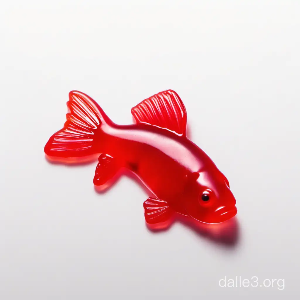 one singular simple, red, long, no eyes trout fish gummy candy isolated on white background. The fish should be completely on its side.