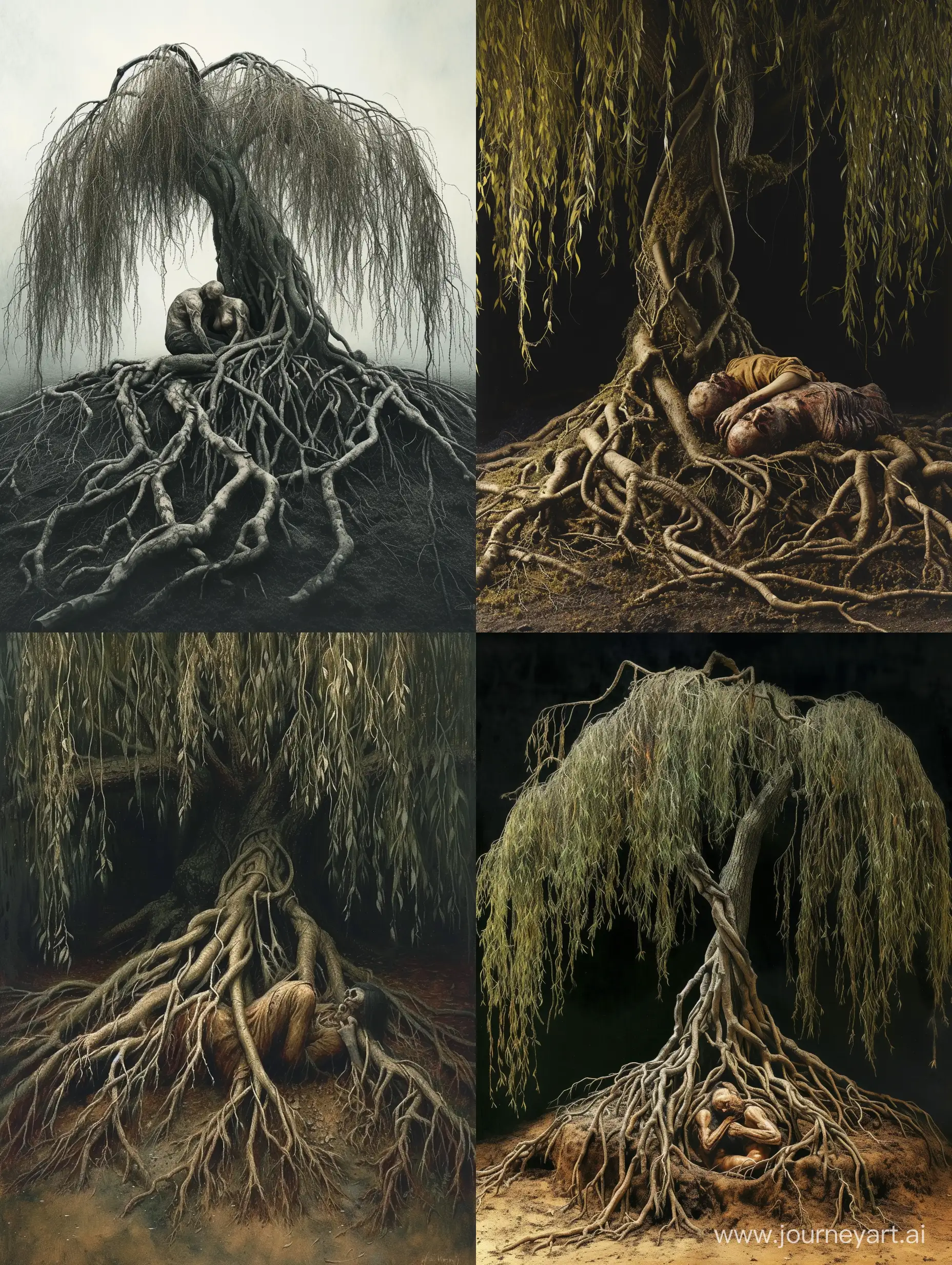 A weeping willow tree, branches cascading downward, large exposed roots sprawl across the ground, two decaying bodies, a man and a woman, locked in a loving embrace, within the tangled roots slowly returning to the earth. Their bodies are becoming intertwined with the roots, saturated, attention to detail, dark aesthetic, morbid core