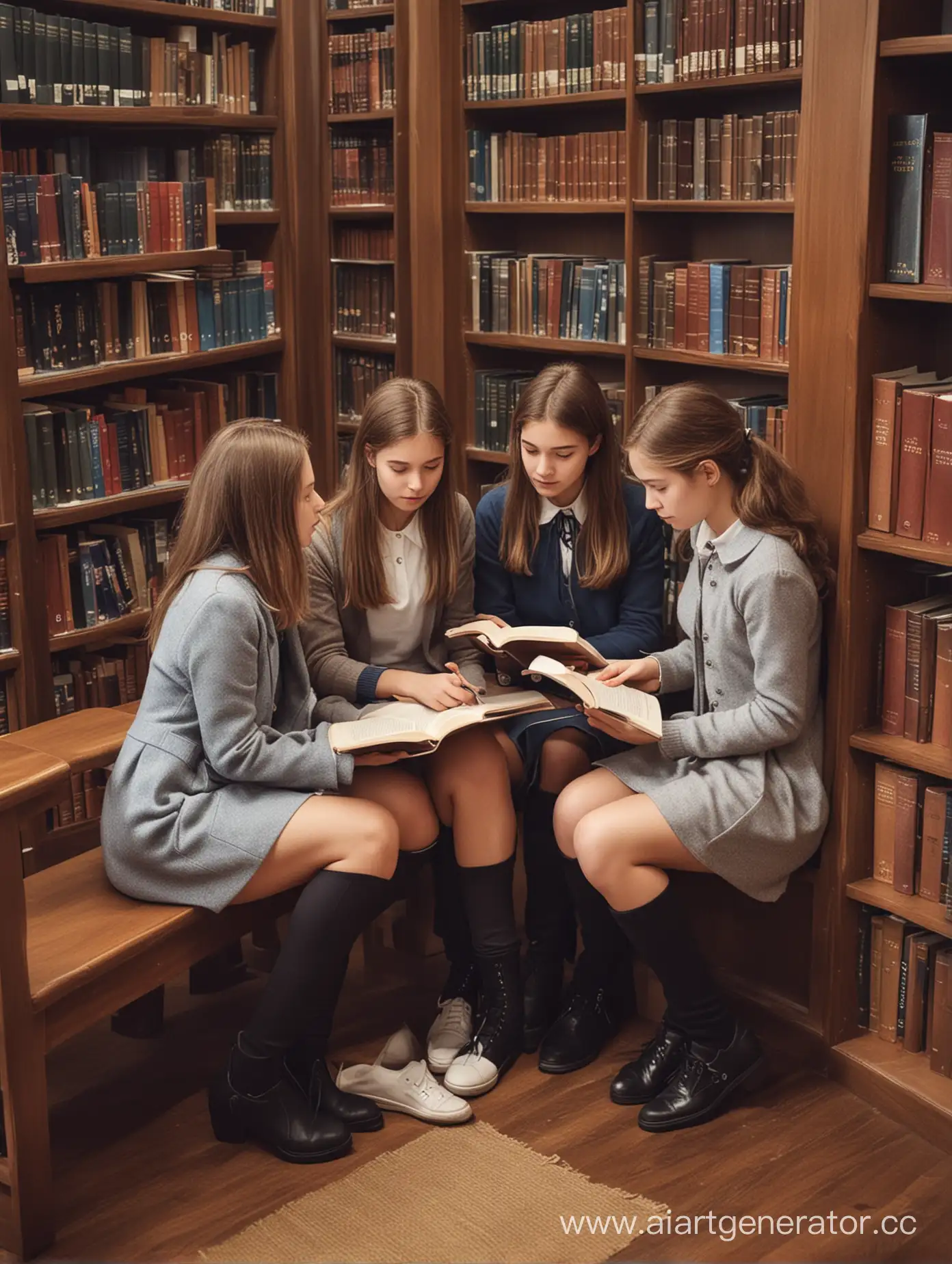 Three-Girls-Discussing-Plot-Points-in-Library-Books