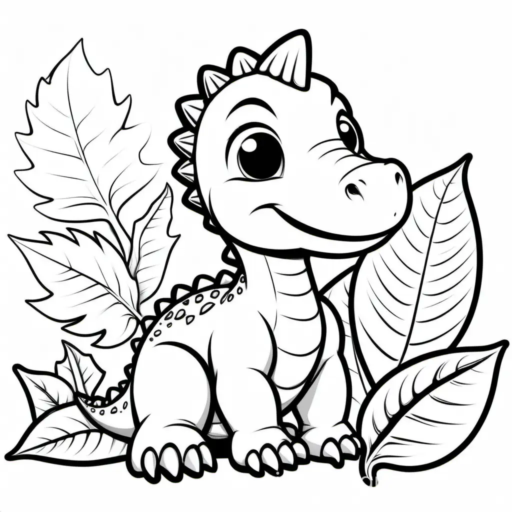 baby dinosaur eat leaves without background, Coloring Page, black and white, line art, white background, Simplicity, Ample White Space. The background of the coloring page is plain white to make it easy for young children to color within the lines. The outlines of all the subjects are easy to distinguish, making it simple for kids to color without too much difficulty
