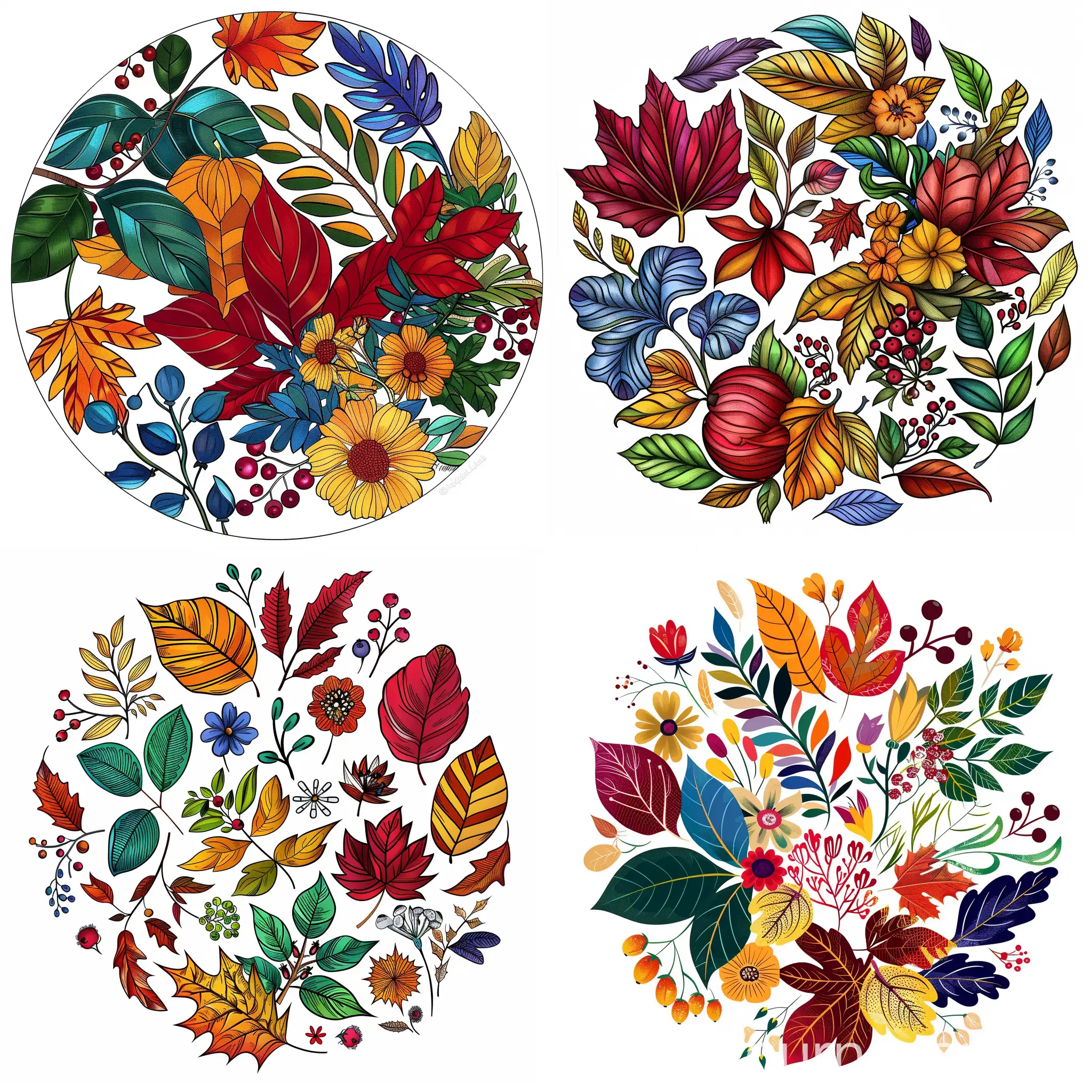 an ornamental round drawing dedicated to autumn, including autumn leaves, flowers, berries, delicate colors, orange, red, burgundy, yellow, green, emerald, blue, on a white background, few details, smooth lines, decorative illustration