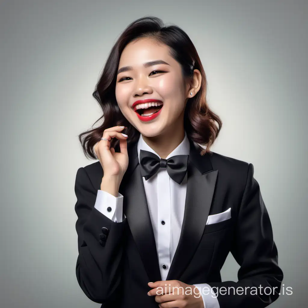 realistic image of a cute and sophisticated and confident vietnamese woman with shoulder length hair and lipstick wearing a formal tuxedo with a white shirt with cufflinks and a black bow tie, clasping her hands, laughing and smiling