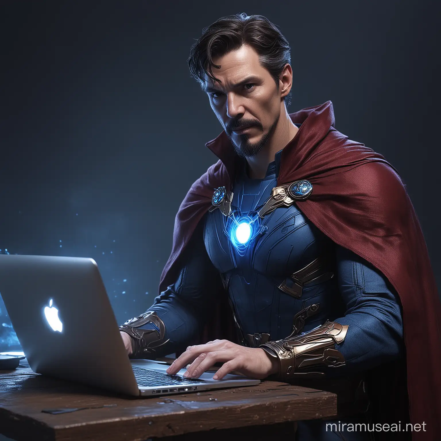 realistic mystic man in a cape with a macbook. Blue lighting. dr strange and iron man mix