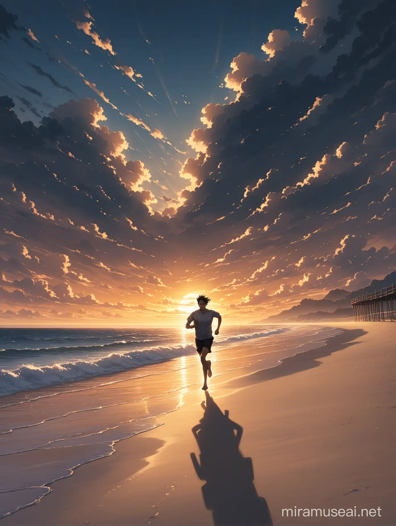a person running along a tranquil beach at sunrise, as the person moves, drama and chaos are depicted as dark clouds dissipating behind him.