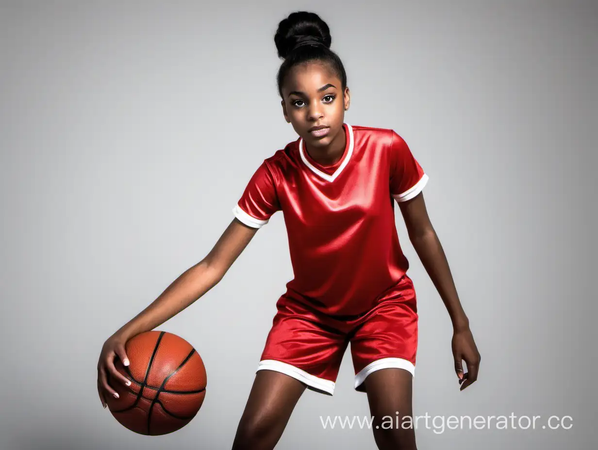 чернокожая девушка, баскетбольный мяч, красная майка, красные спортивные шорты