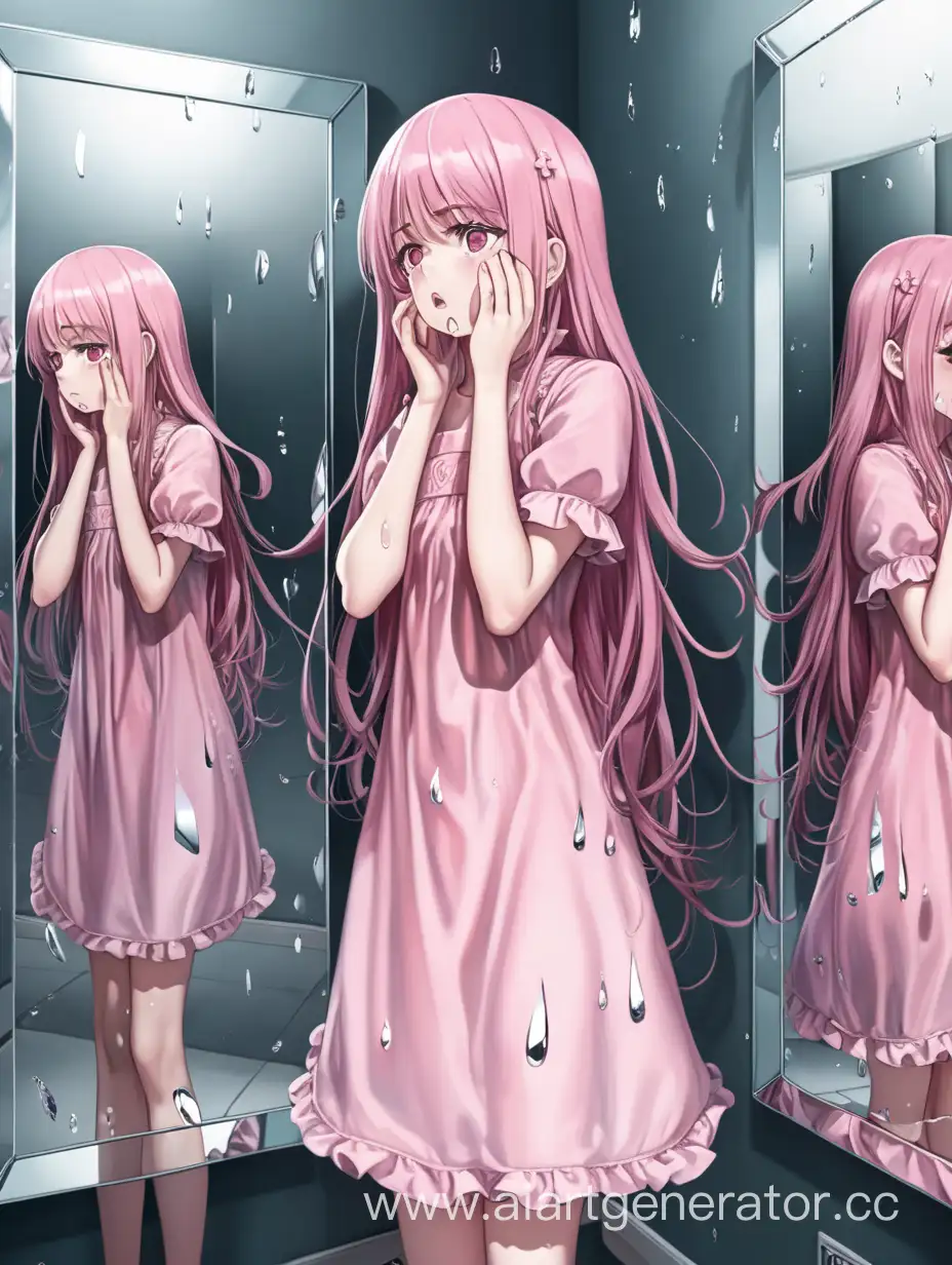 Аниме девушка,застряла в комнате с зеркалами, плачет, длинные волосы, отражение девушки злые, пышное розовое платье 