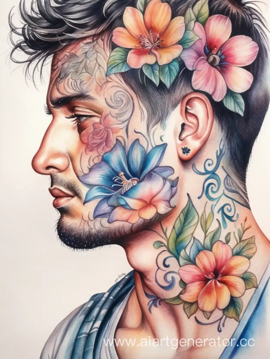 Expressive-Watercolor-Portrait-Man-with-Flower-Tattoos