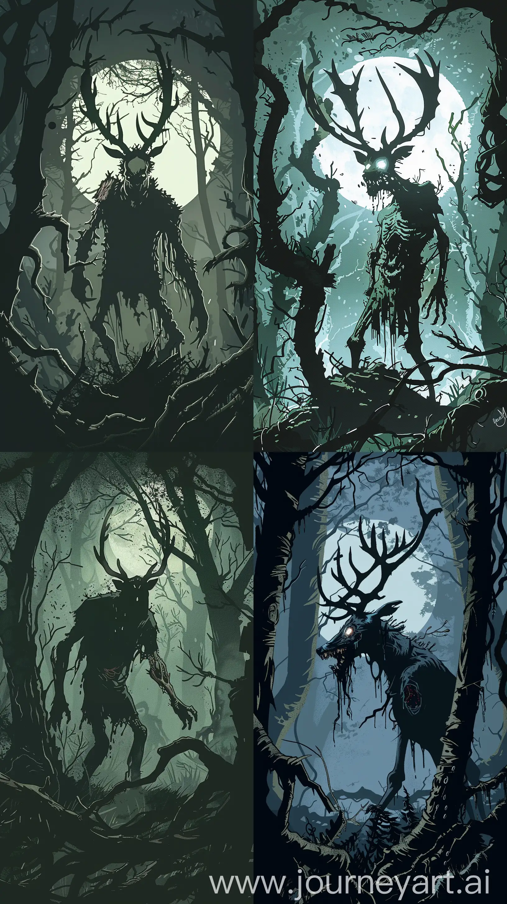 Create a chilling portrayal of a zombie deer man, half-decayed and antlered, lurking in the shadowy underbrush of a haunted forest. Mignola's style should emphasize the stark contrast between the creature's silhouette and the eerie moonlight filtering through the twisted trees, giving the creature an imposing and otherworldly appearance , --ar 9:16