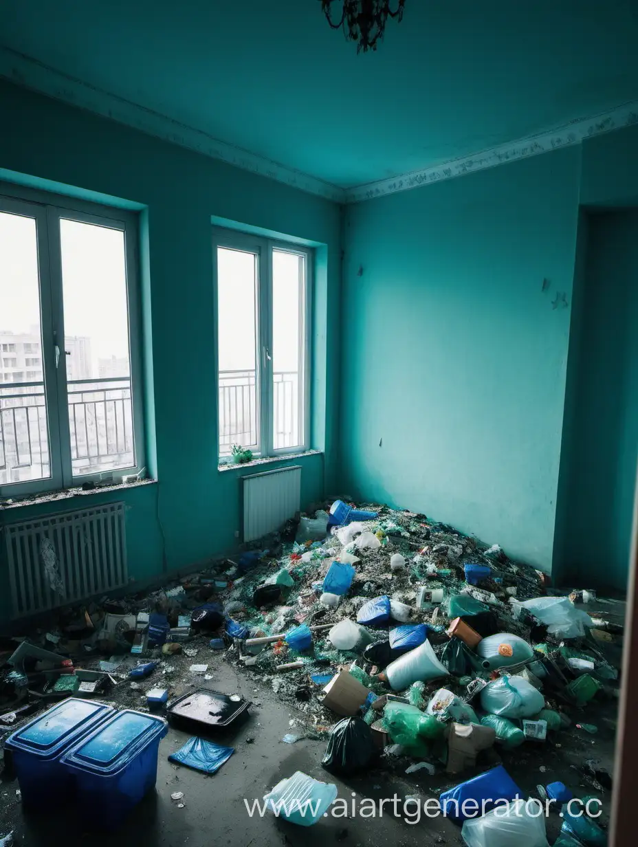 фото квартиры в холодных оттенках (зелено-голубоватых), в которой хозяин коллекционирует мусор и этот мусор разбросан везде