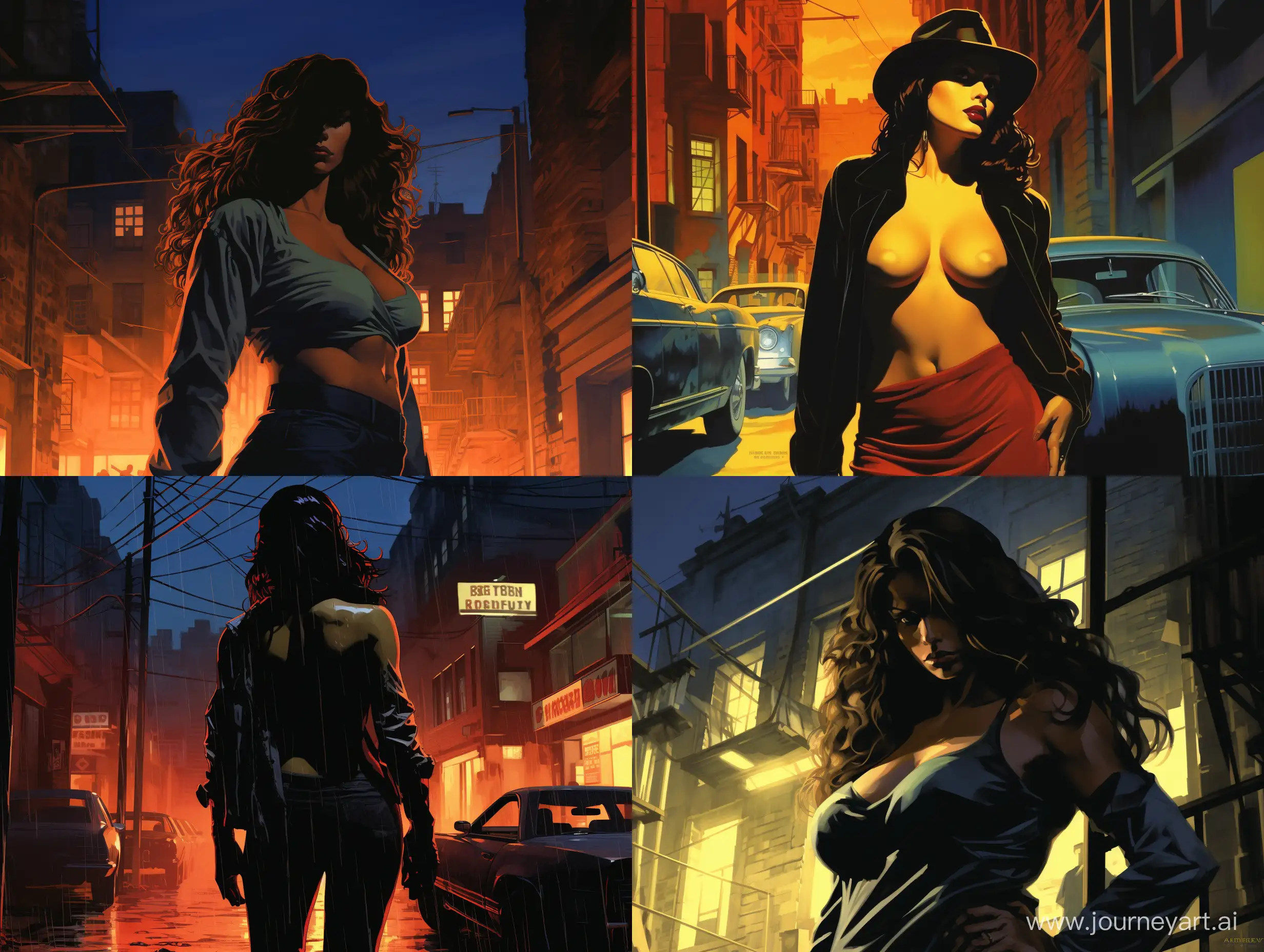 Comic book illustration, Wonder Woman, overweight physique, direct gaze, waist-up, dark alley, gritty urban vibe, dramatic lighting, high contrast, desaturated colors, film noir style, Frank Miller's "Sin City" aesthetic, reference - Alex Ross, Batman: The Dark Knight Returns, --ar 4:3