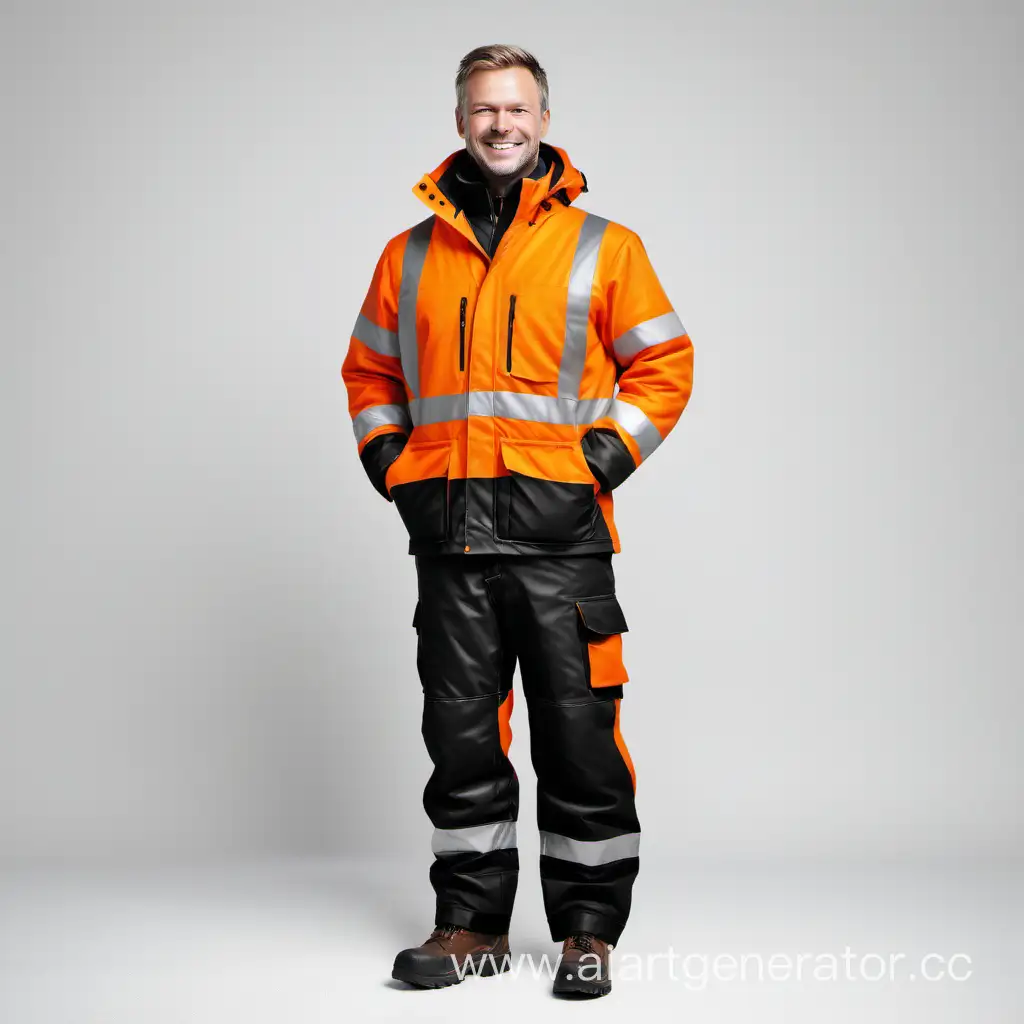 beautiful warm insulated workwear, scandinavian, man, smile, black orange, front view, full length